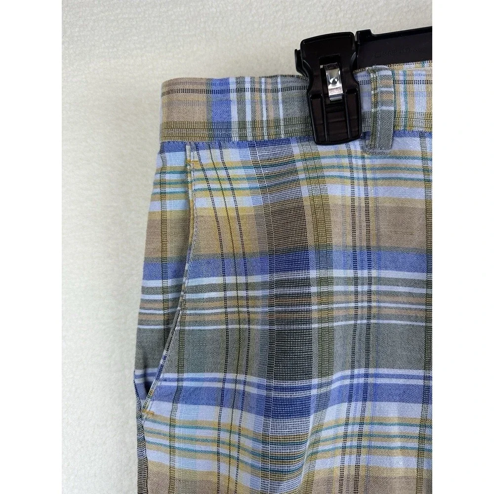 Tommy Bahama Plaid Green Blue Orange Linen Blend Flat Front Shorts Mens Size 34